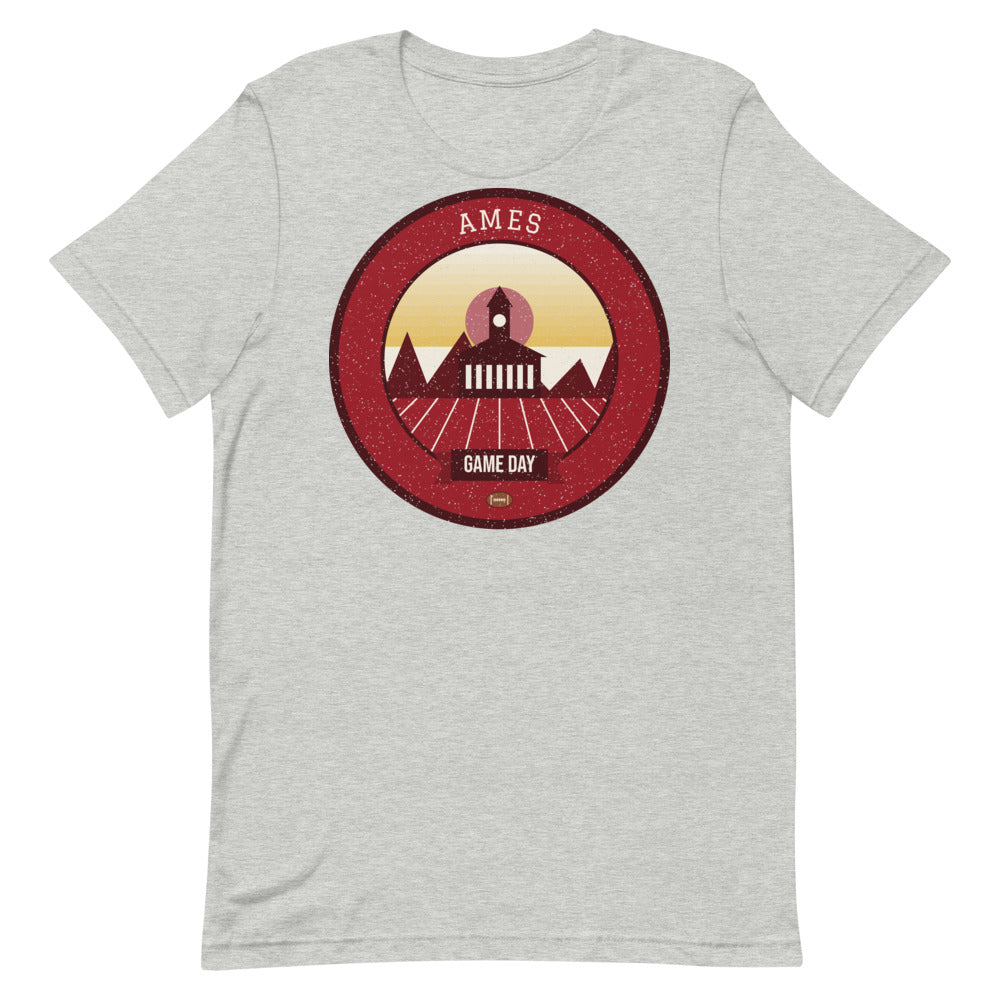 Deep Red & Gold Campanile Game Day Tee in athletic heather, front