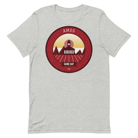 Deep Red & Gold Campanile Game Day Tee in athletic heather, front