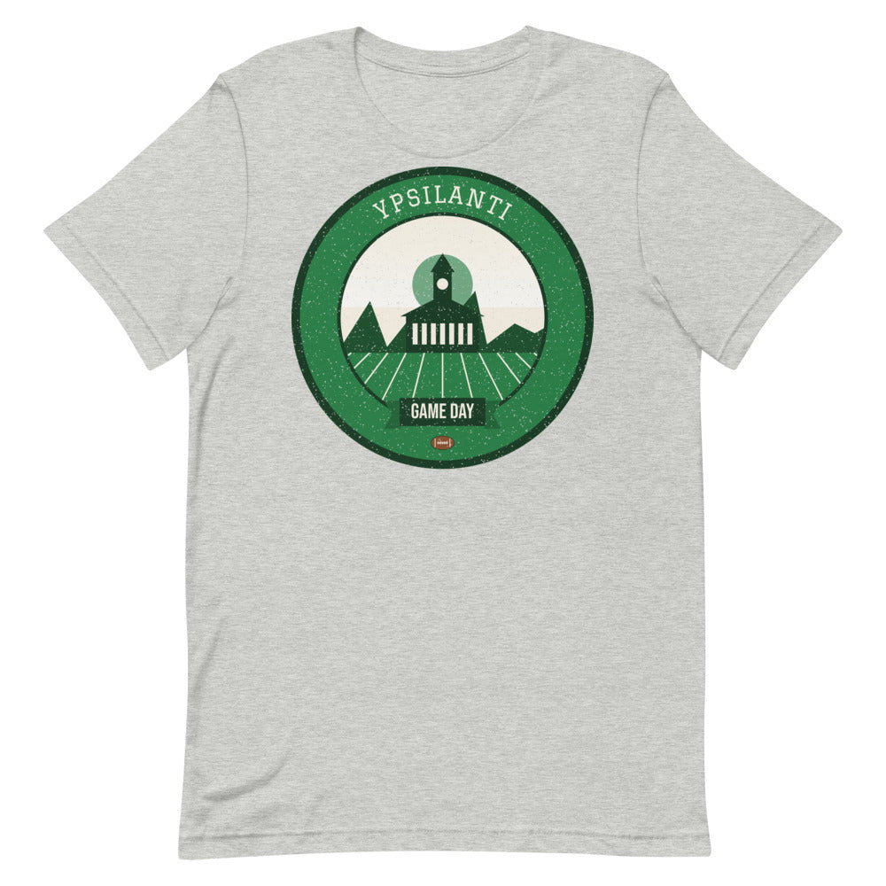 Green & White Water Tower Game Day Tee in athletic heather, front