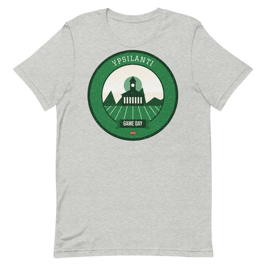 Green & White Water Tower Game Day Tee in athletic heather, front