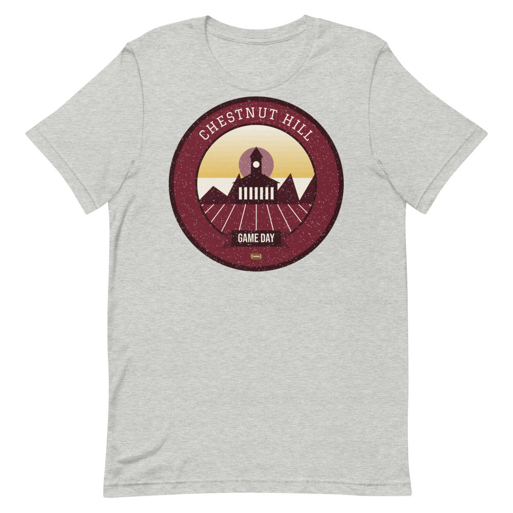 Maroon & Gold Gothic Towers Game Day Tee in athletic heather, front