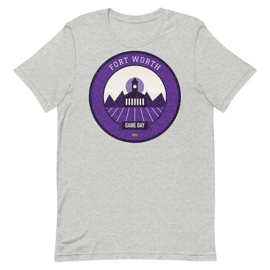 Purple Stockyards Game Day Tee in athletic heather, front