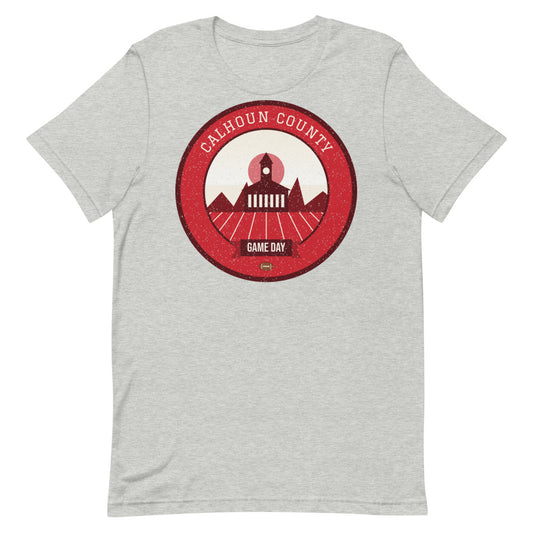 Red & White Foothills Game Day Tee in athletic heather, front