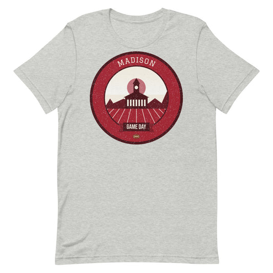 Red & White Isthmus Game Day Tee in athletic heather, front