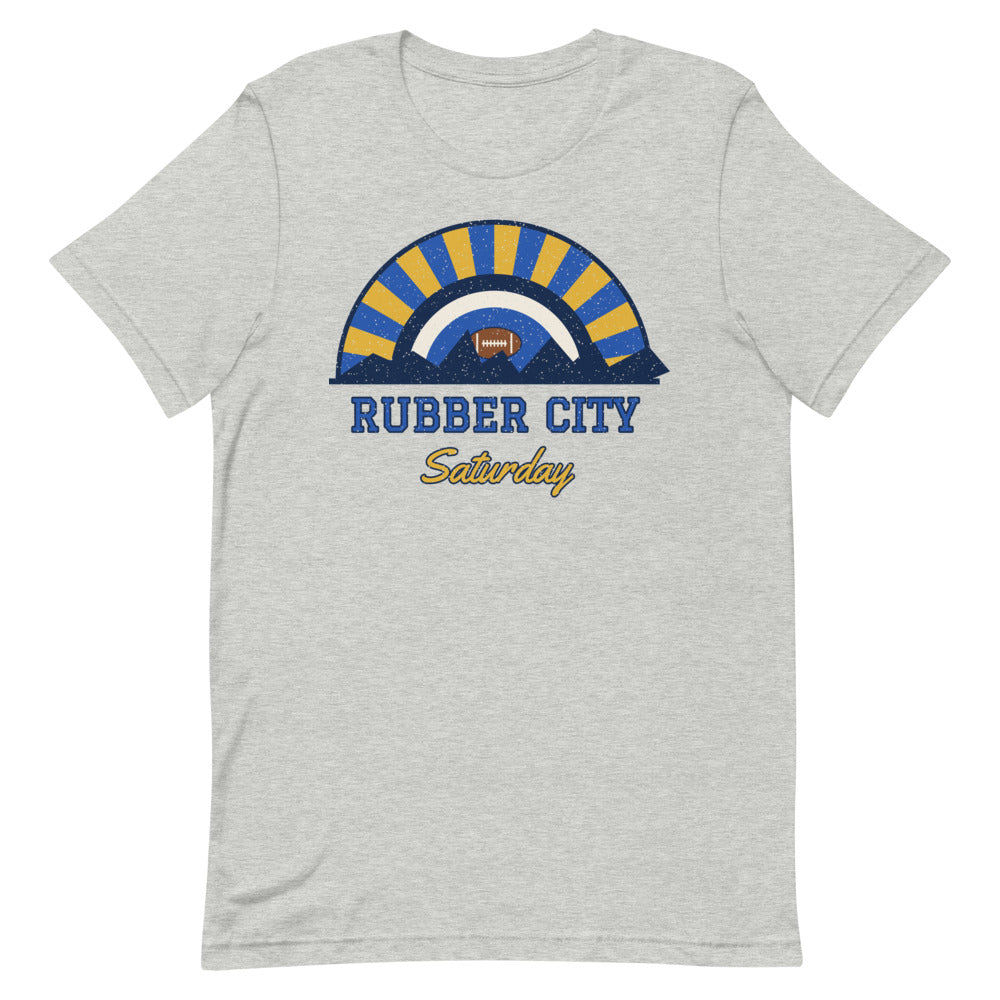 Rubber City Saturday Tee in athletic heather, front