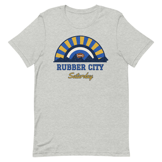 Rubber City Saturday Tee in athletic heather, front