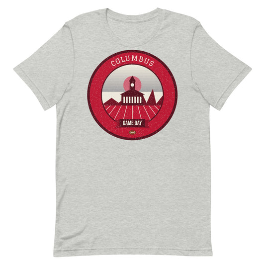 Scarlet & Gray Riverfront Game Day Tee in athletic heather, front