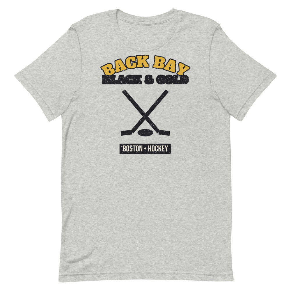 Back Bay Black & Gold Hockey Tee in athletic heather, front