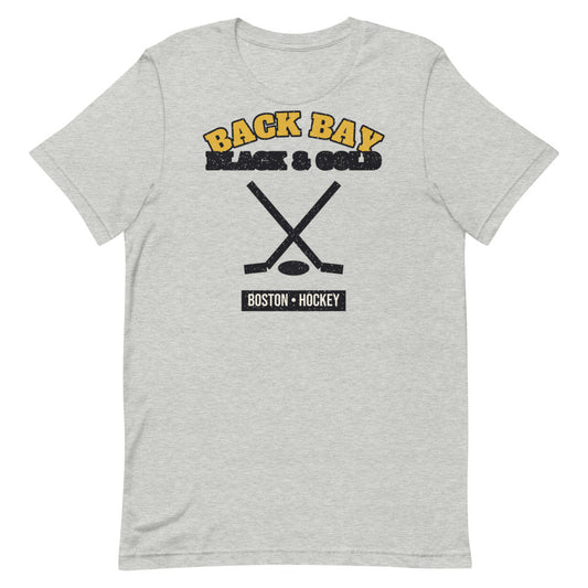 Back Bay Black & Gold Hockey Tee in athletic heather, front
