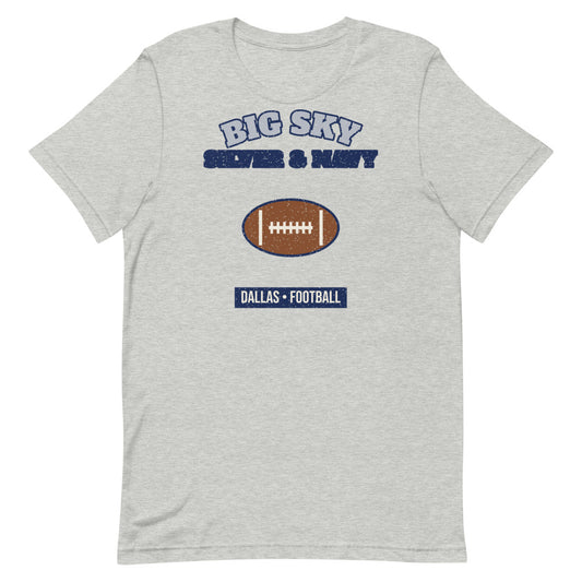 Big Sky Silver & Navy Football Tee in athletic heather, front