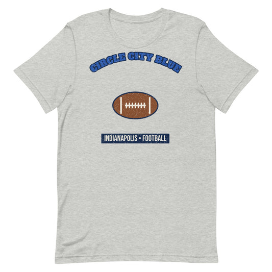 Circle City Blue Football Tee in athletic heather, front