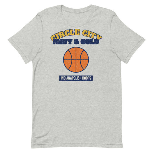 Circle City Navy & Gold Hoops Tee in athletic heather, front