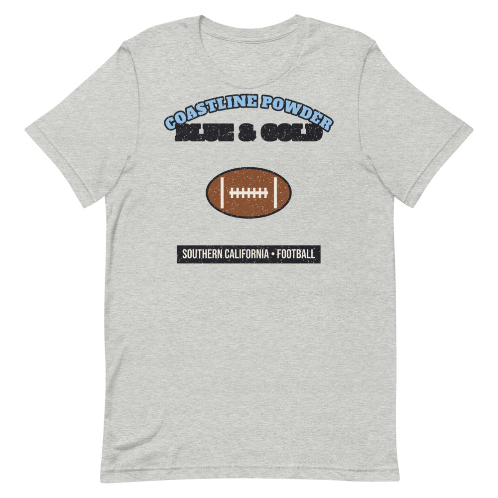 Coastline Powder Blue & Gold Football Tee in athletic heather, front