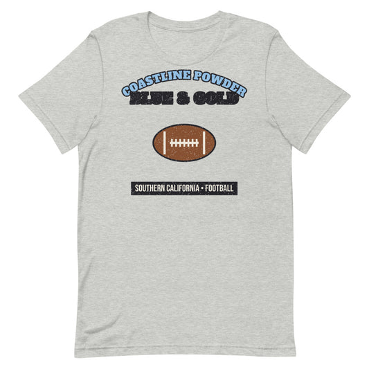 Coastline Powder Blue & Gold Football Tee in athletic heather, front