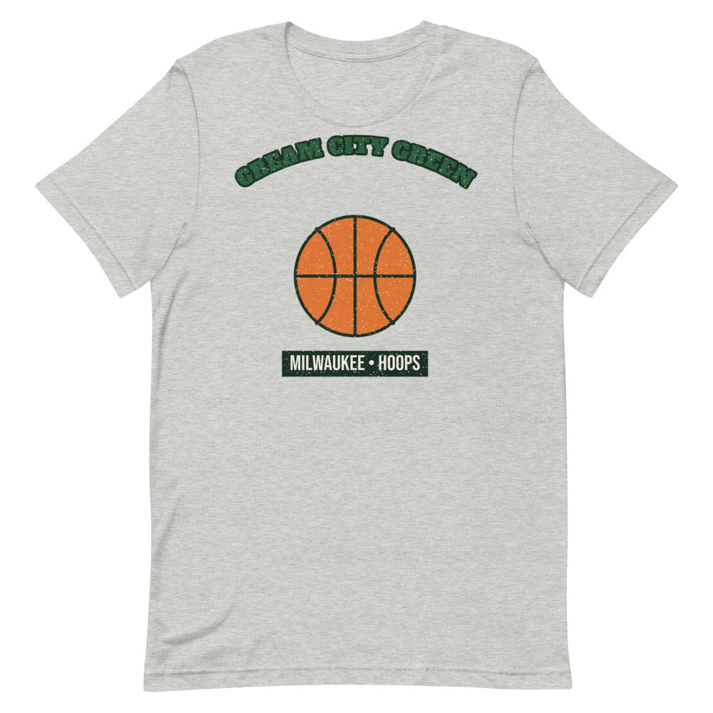 Cream City Green Hoops Tee in athletic heather, front