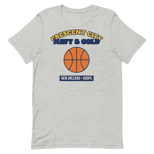 Crescent City Navy & Gold Hoops Tee in athletic heather, front
