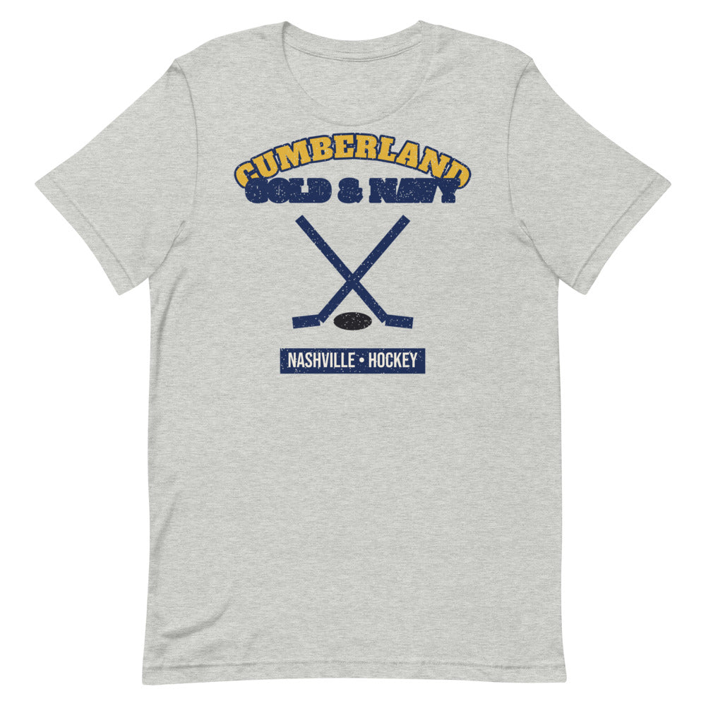 Cumberland Gold & Navy Hockey Tee in athletic heather, front