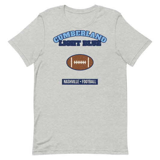 Cumberland Light Blue Football Tee in athletic heather, front