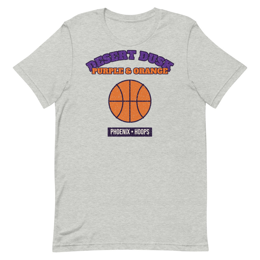 Desert Dusk Purple & Orange Hoops Tee in athletic heather, front