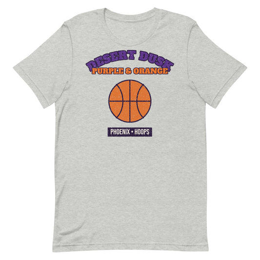 Desert Dusk Purple & Orange Hoops Tee in athletic heather, front