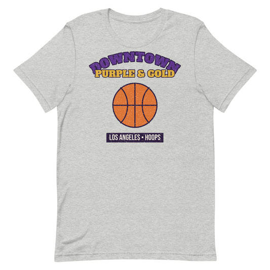 Downtown Purple & Gold Hoops Tee in athletic heather, front