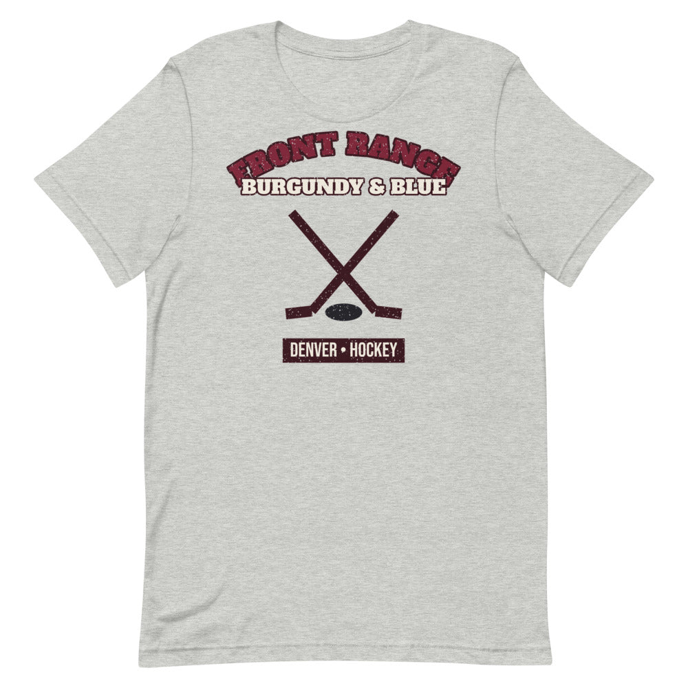 Front Range Burgundy & Blue Hockey Tee in athletic heather, front