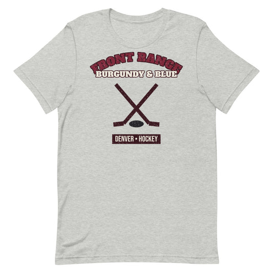 Front Range Burgundy & Blue Hockey Tee in athletic heather, front