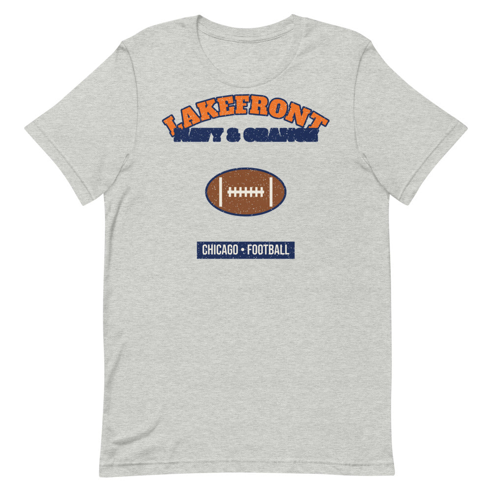 Lakefront Navy & Orange Football Tee in athletic heather, front