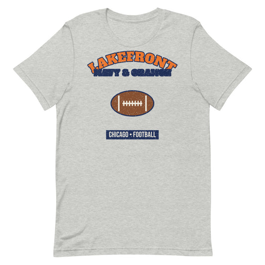 Lakefront Navy & Orange Football Tee in athletic heather, front