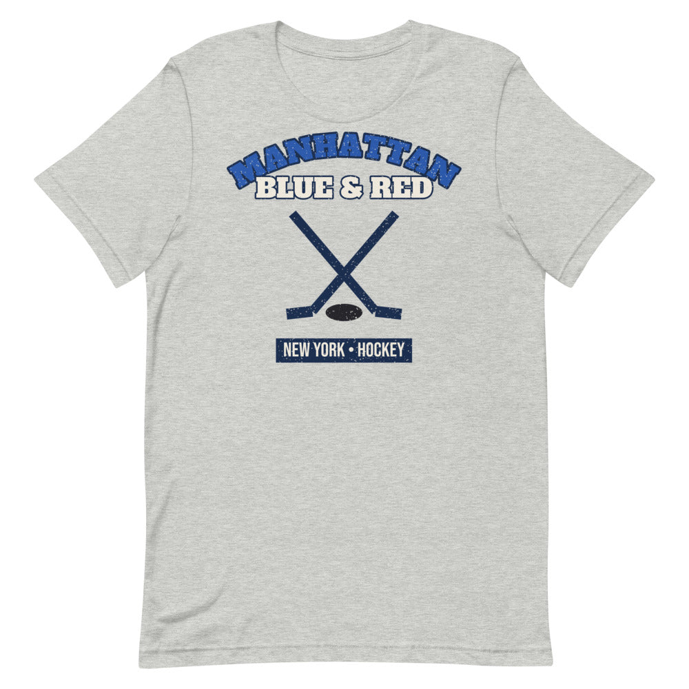 Manhattan Blue & Red Hockey Tee in athletic heather, front