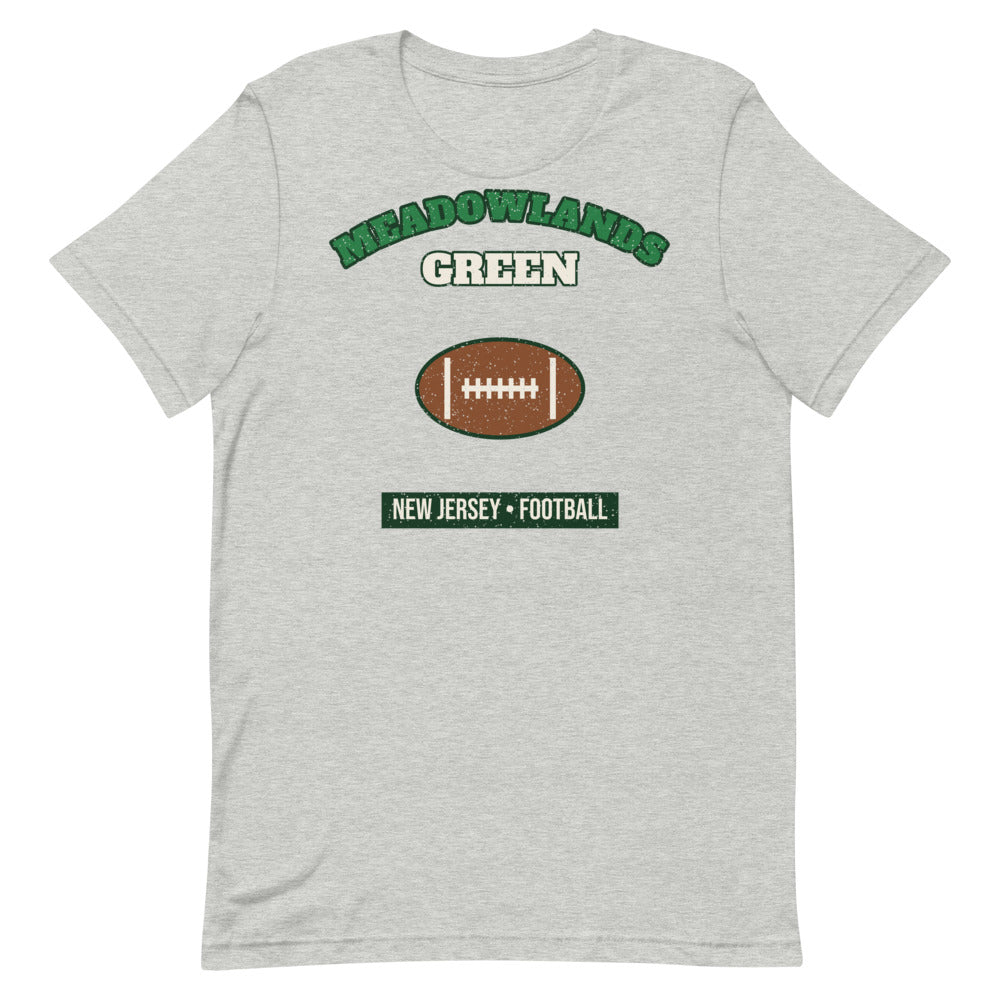 Meadowlands Green Football Tee in athletic heather, front