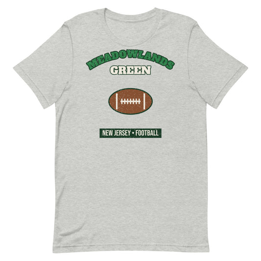Meadowlands Green Football Tee in athletic heather, front