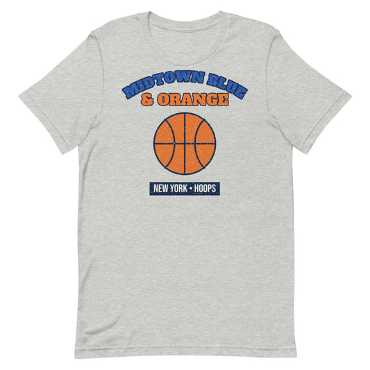 Midtown Blue & Orange Hoops Tee in athletic heather, front