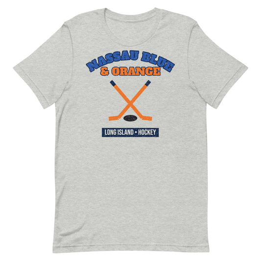 Nassau Blue & Orange Hockey Tee in athletic heather, front