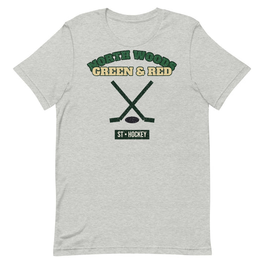 North Woods Green & Red Hockey Tee in athletic heather, front