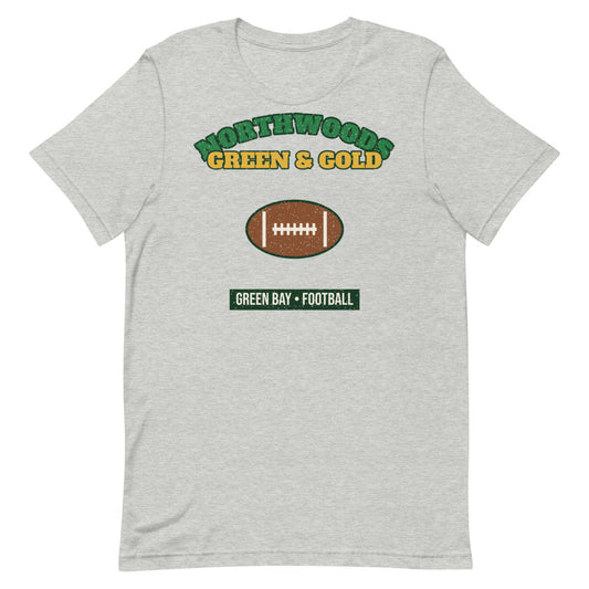 Northwoods Green & Gold Football Tee in athletic heather, front