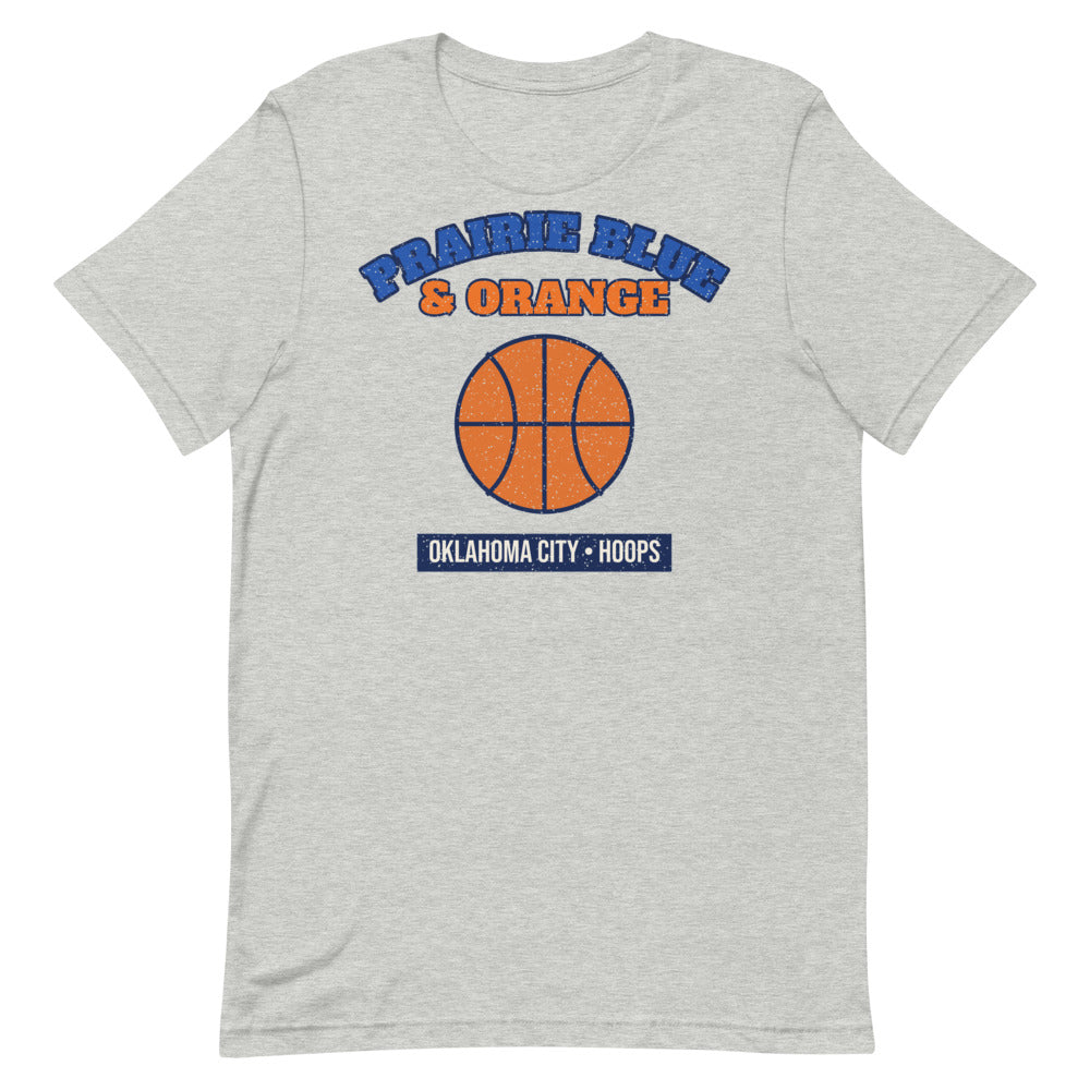 Prairie Blue & Orange Hoops Tee in athletic heather, front