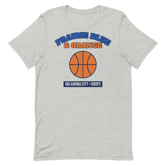 Prairie Blue & Orange Hoops Tee in athletic heather, front
