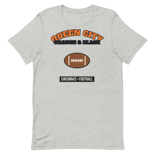 Queen City Orange & Black Football Tee in athletic heather, front