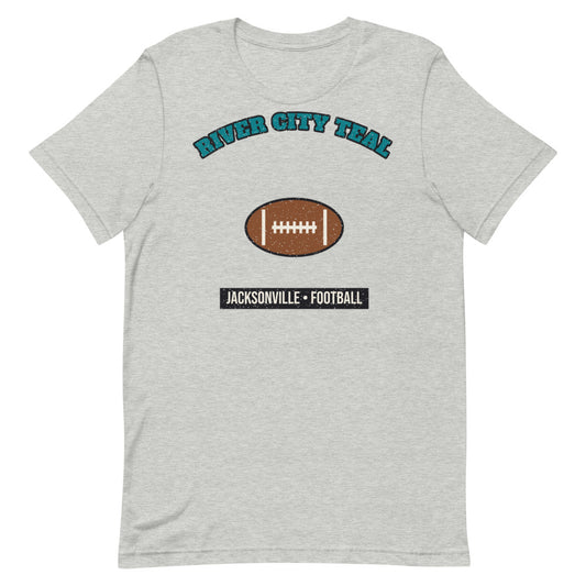 River City Teal Football Tee in athletic heather, front