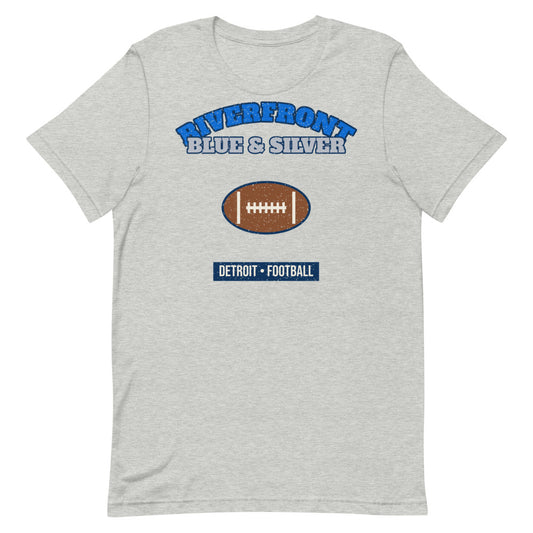 Riverfront Blue & Silver Football Tee in athletic heather, front