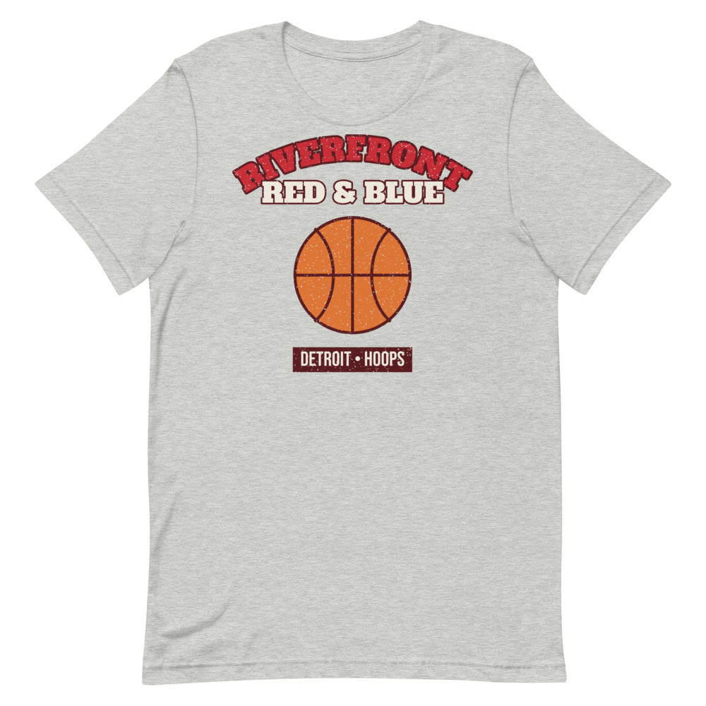 Riverfront Red & Blue Hoops Tee in athletic heather, front