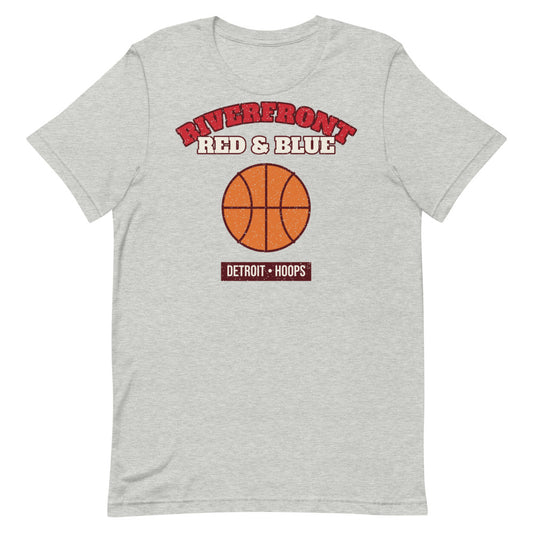 Riverfront Red & Blue Hoops Tee in athletic heather, front