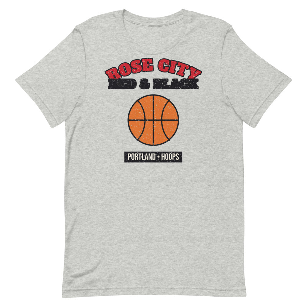 Rose City Red & Black Hoops Tee in athletic heather, front