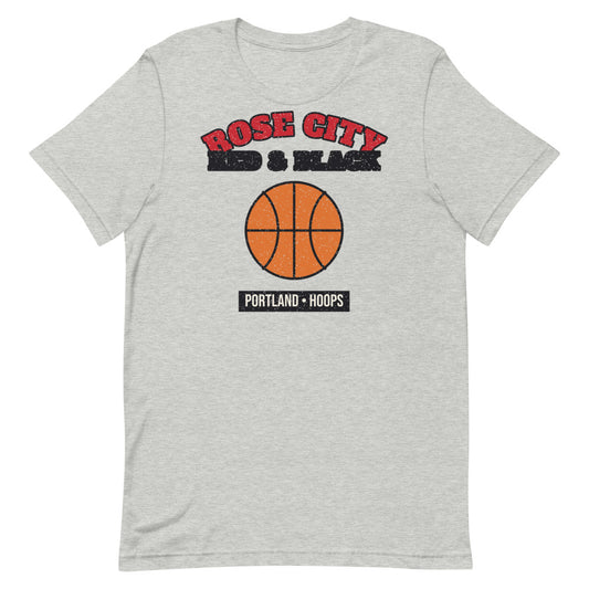 Rose City Red & Black Hoops Tee in athletic heather, front