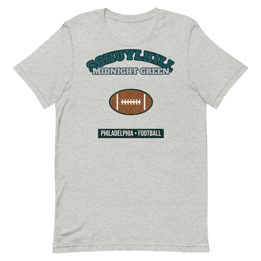 Schuylkill Midnight Green Football Tee in athletic heather, front