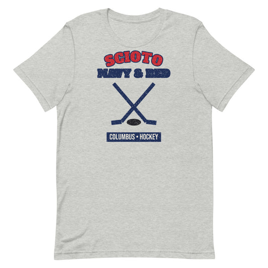 Scioto Navy & Red Hockey Tee in athletic heather, front