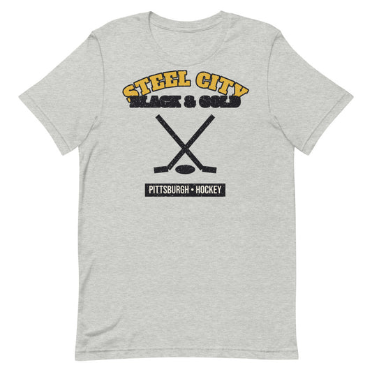 Steel City Black & Gold Hockey Tee in athletic heather, front