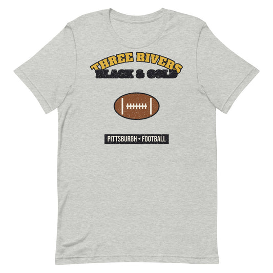 Three Rivers Black & Gold Football Tee in athletic heather, front