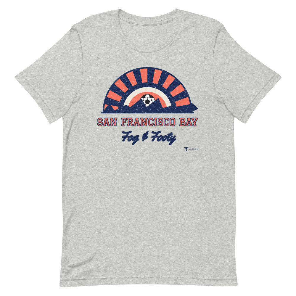 San Francisco Bay Fog & Footy Unisex Tee in athletic heather, design printed on the front, front view